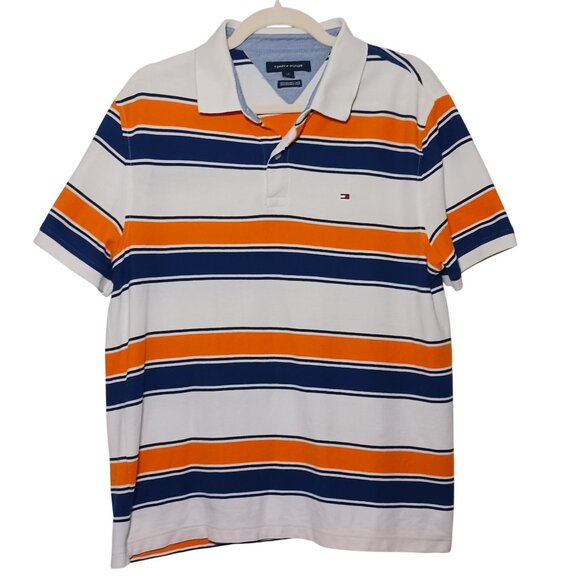 Tommy Hilfiger Performance Pique Classic Blue/Yellow Striped Polo Shirt Size L - Picture 1 of 7